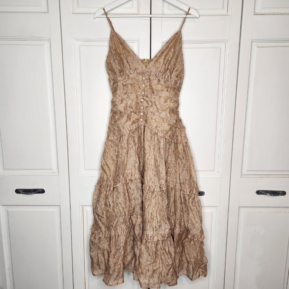 Storia Floral Tiered Midi Dress Cottagecore Boho Ruffle Tan Size M - Picture 2 of 12